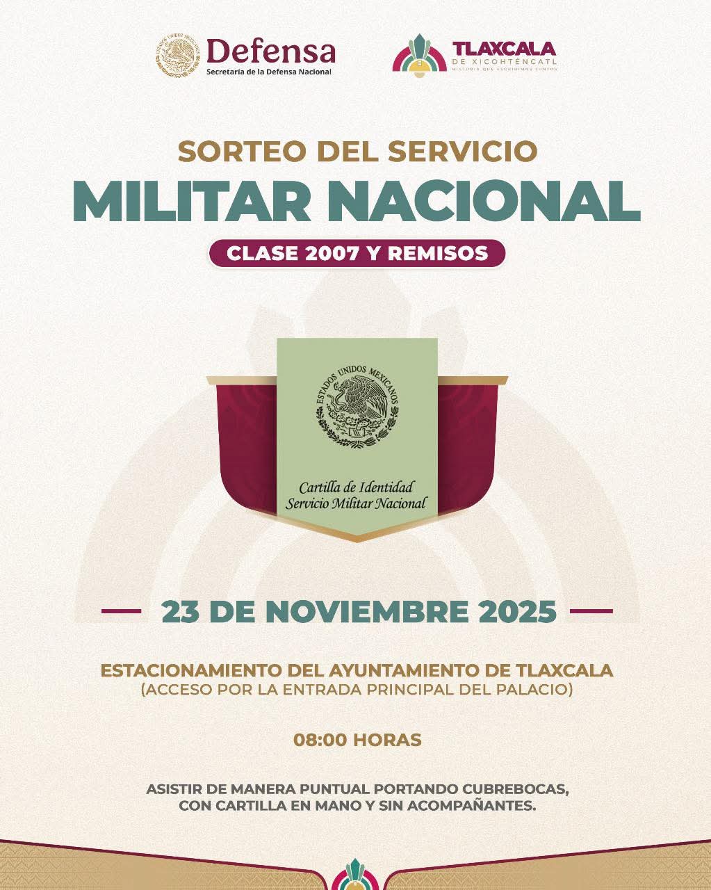 Sorteo del Servicio Militar Nacional para la Clase 2007 y remisos tendrá sede en el Ayuntamiento de Tlaxcala